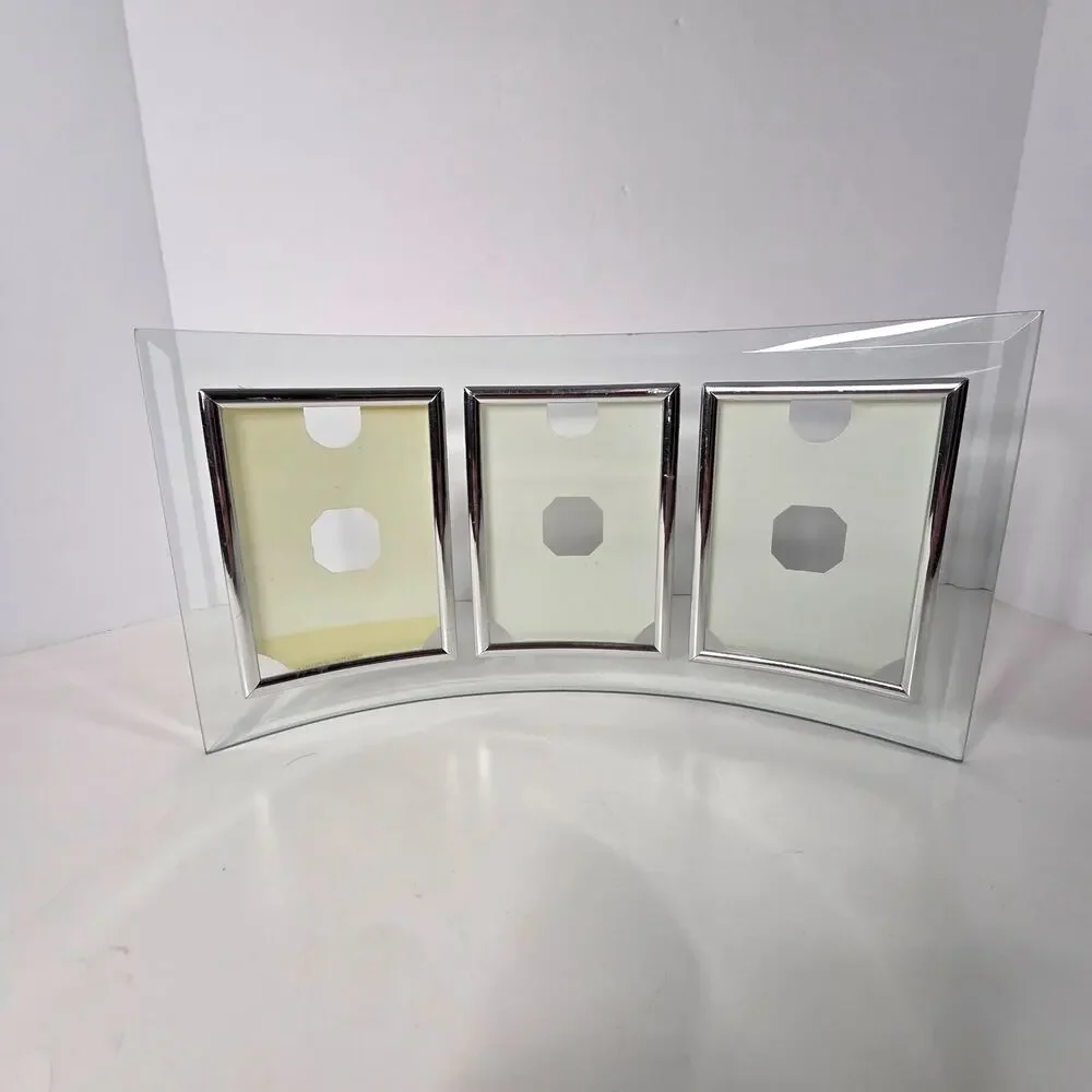 Curved Glass Triple Picture Frame 3.5x5 Silver Beveled 3 Photo Tabletop